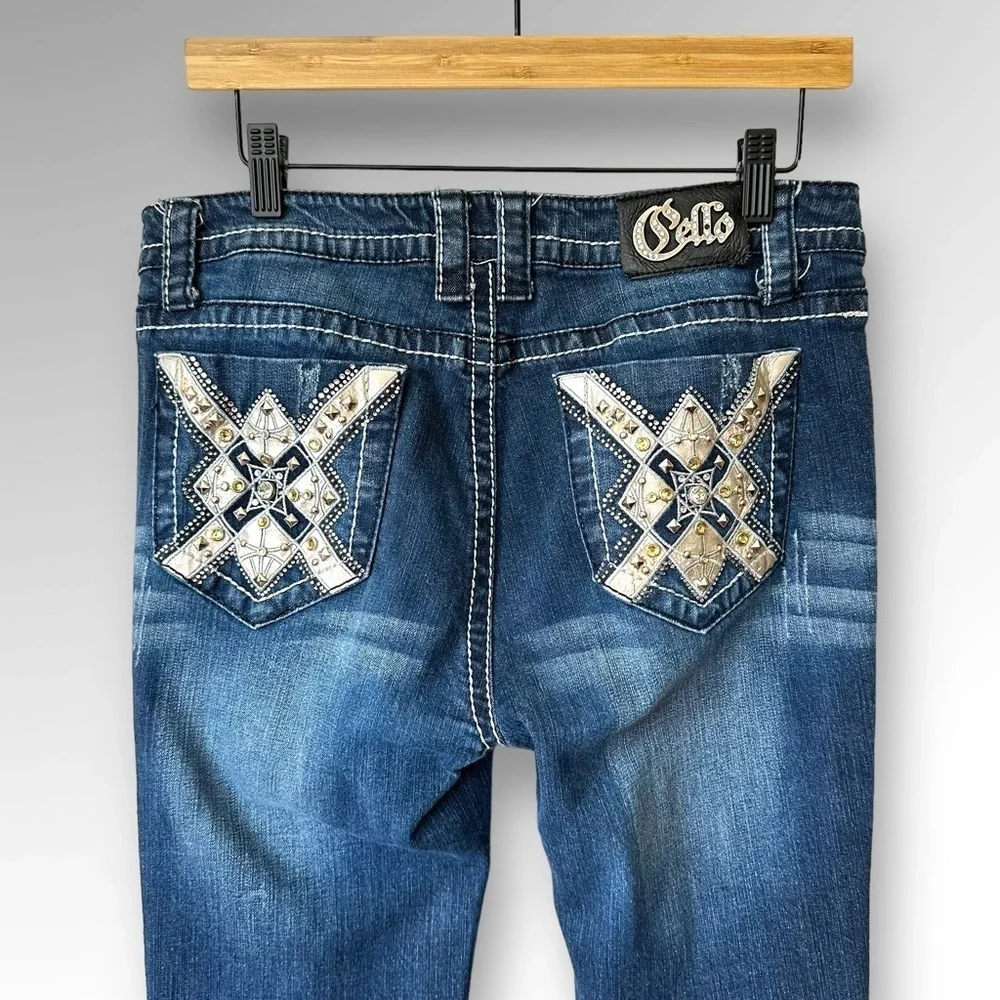 Cello Denim Womens Flare Jeans Mid Rise
